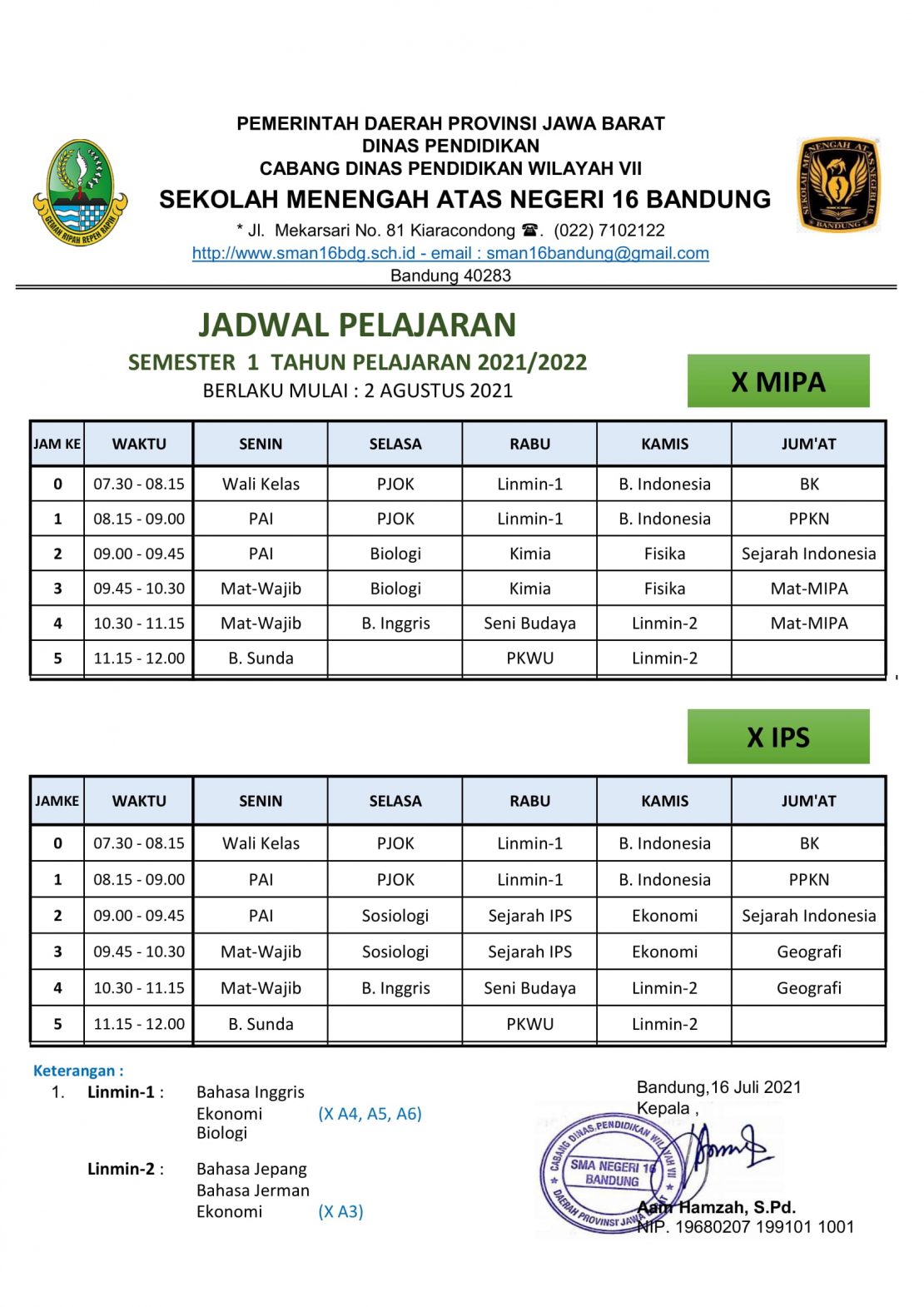 Jadwal BDR – SMAN 16 Bandung